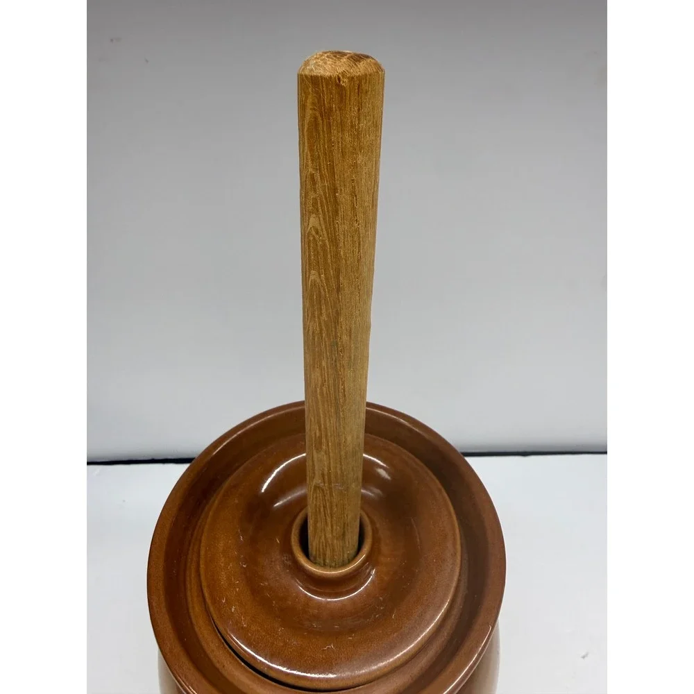Vintage Stoneware Butter Churn Crock with Wooden Dasher Cottage Scene Brown Tan